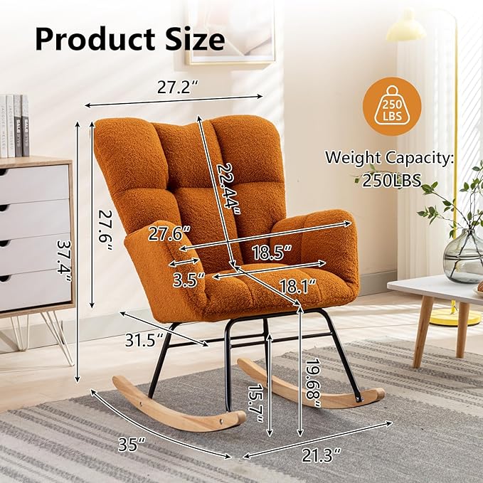 NIOIIKIT Nursery Rocking Chair Teddy Upholstered Glider Rocker Rocking Accent Chair Padded Seat with High Backrest Armchair Comfy Side Chair for Living Room Bedroom Offices (Orange)