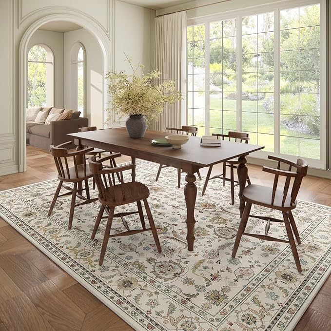 Washable 8x10 Area Rugs for Living Room, Boho Non-Slip Silicone Backing Rugs for Bedroom Dining Room Nursery Office, 0.3" Neutral Oriental Throw Carpet with 0.16" Cushioning Pad, Light Beige/Multi