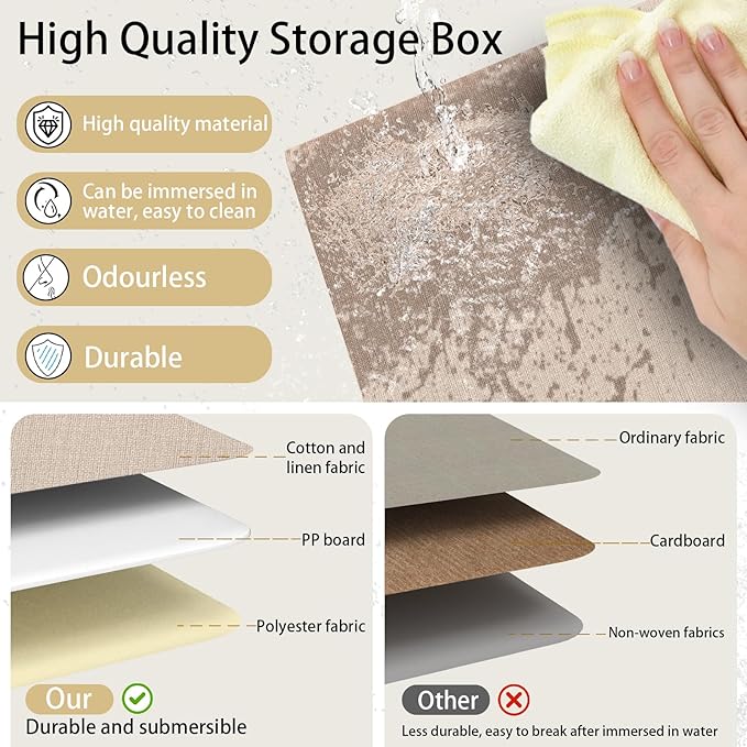 Yawinhe Collapsible Storage Boxes, Linen Fabric Baskets, Bin with lid and Leather Handle, Washable, for Home, Closet, Beige, 17.7''Lx11.8''Wx11.8''H, 3-Pack, USNK024BEX-3