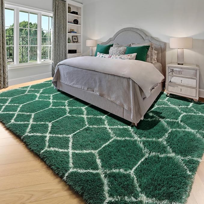 ONASAR Area Rugs for Living Room Bedroom, 5x8 Washable Fluffy Dark Green and White Rug, Geometric Boho Soft Plush Shaggy Fuzzy Floor Carpet for Nursery Kids Girls Boys Teen Dorm Home Decor Aesthetic