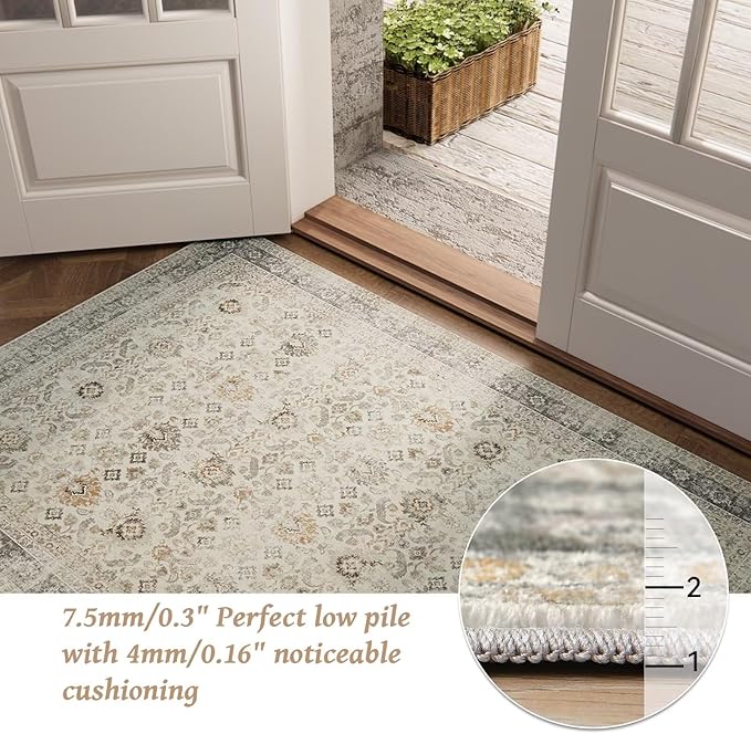 Washable 9x12 Area Rugs for Living Room, Boho Non-Slip Silicone Backing Rugs for Bedroom Dining Room Nursery Office, 0.3" Neutral Oriental Throw Carpet with 0.16" Cushioning Pad, Grey/Multi