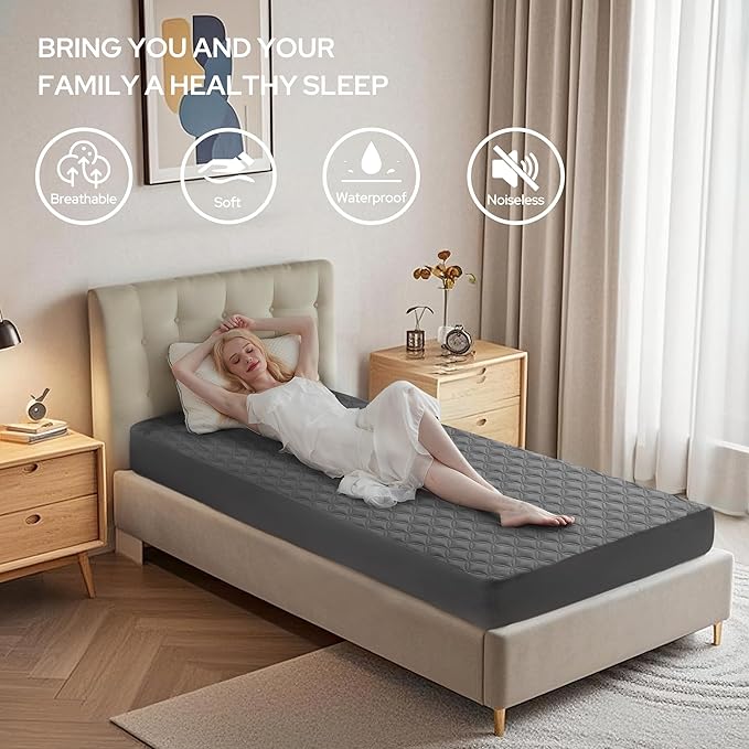 2 Pack Waterproof Mattress Protector, Twin XL Size Mattress Pad with Deep Pocket 6"-15" Depth, Soft Breathable Dirt-Proof Single Bed Mattress Cover for Bedroom, Dorm Room (Gray)