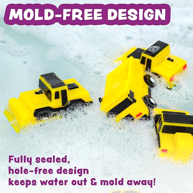 Tub Works® Construction™ Trucks Mold Free Bath Toys, 6 Pack | Sealed, No Hole Bath Toys Design Keeps Moisture Out | Soft, Squeezable & Float on Water | Baby & Toddler Bathtub Toys | Baby Pool Play