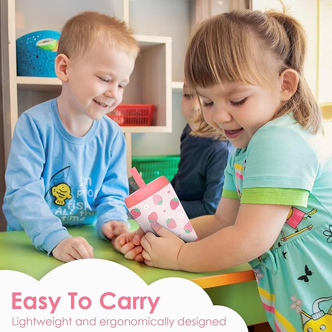 Kid Insulated Stainless Steel Tumbler with Silicone Straw, 12oz Sippy Cup for Kids (Strawberry)