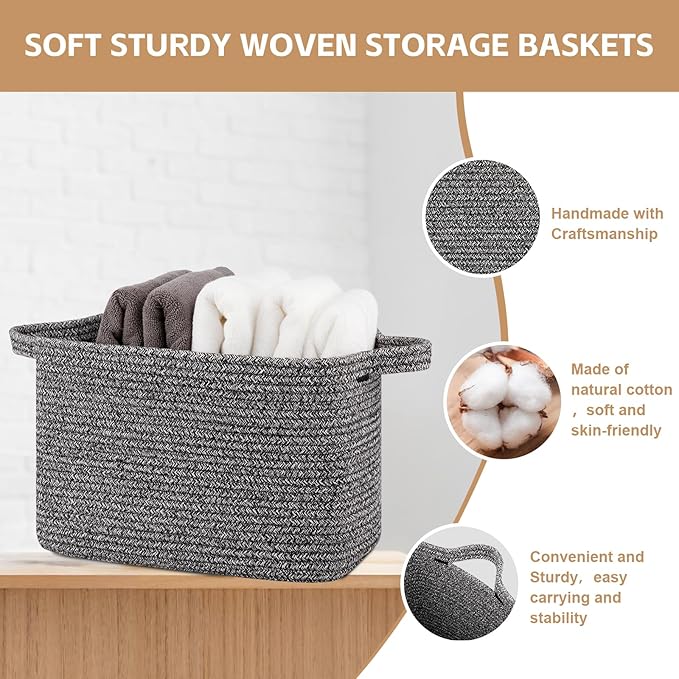 OIAHOMY Storage Basket, Woven Baskets for Storage, Cotton Rope Basket for toys,Towel Baskets for Bathroom - Pack of 3, Black