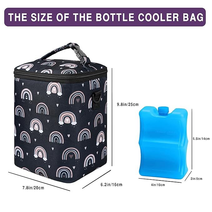 Breastmilk Cooler Bag with Ice Pack Fits 4 Baby Bottles Up to 9 Ounce Insulated Baby Bottle Bag Breast Milk Cooler on the Go with Strap Fits Medela/Dr.Brown's for Nursing Mom Daycare, Work or Travel