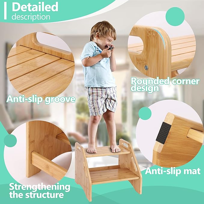 AMBIRD Wooden Step Stool, Two Step Stools Toddler 300 lbs Capacity with Safety Non-Slip Pads and Handles, Bamboo Step Stool for Bathroom, Kitchen Dual Height Step Stools for Kids (Natural)