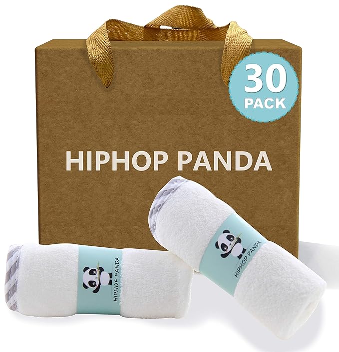HIPHOP PANDA Baby Washcloths, Rayon Made from Bamboo - 2 Layer Ultra Soft Absorbent Newborn Bath Face Towel - Reusable Baby Wipes for Delicate Skin - Gray Stripe, 30 Pack