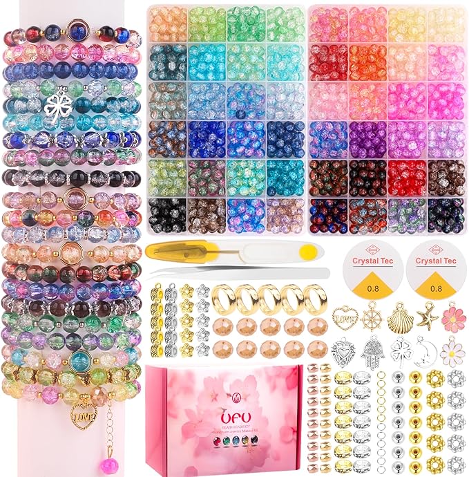 UFU 8mm Glass Beads for Jewelry Making, 1300+ Pcs 46 Colors Crackle Glass Beads Bracelet Making Kit, Round Crystal Beads for Bracelets Necklace DIY Crafts Gifts, Without Jewelry Pliers