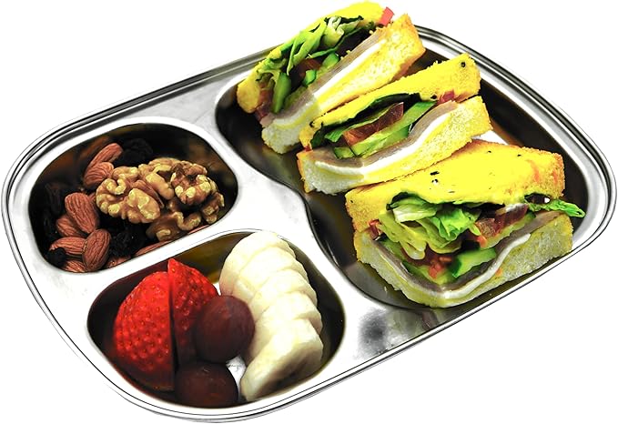 Korean Stainless Steel Divided Plates, Kids Toddlers Babies Tray, BPA Free, Diet Food Control, Camping Dishes, Compact Serving Platter, Dinner Snack, 3 Compartment Plate Silver, Set of 2
