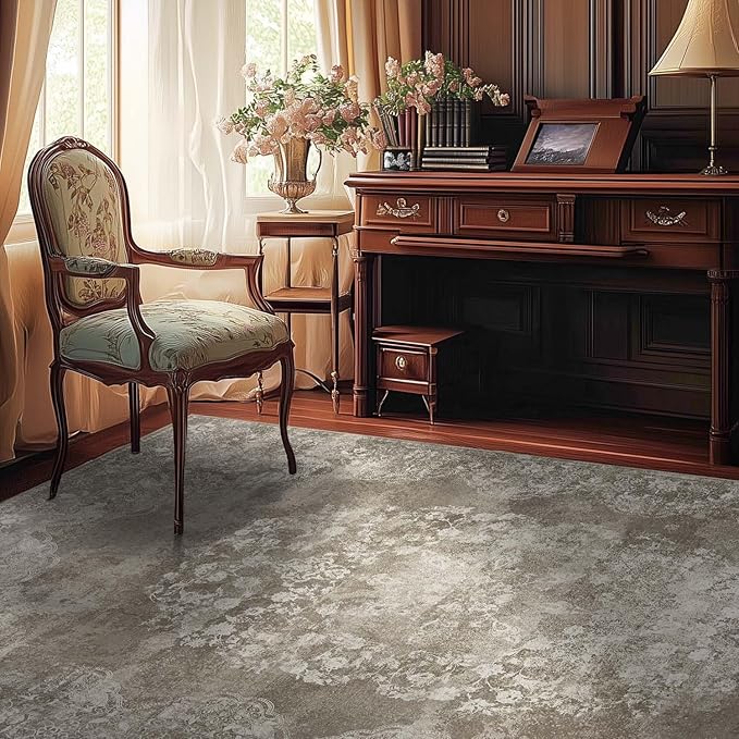 jinchan Washable Area Rug 6x9 for Living Room - Soft Faux Wool Ultra-Thin Stain Resistant Non-Slip Distressed Vintage Floral Large Carpet for Bedroom,Dining Room,Home Office,Nursery(Brown, 6'x9')