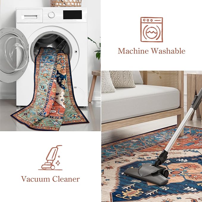 Lahome 8 x 10 Area Rugs for Living Room - Boho Washable Non-Slip Backing Large Rug Ultra-Thin Stain Resistant Dining Room Rugs for Under Table, Oriental Print Carpet Rugs for Bedroom (Rust, 8'x10')