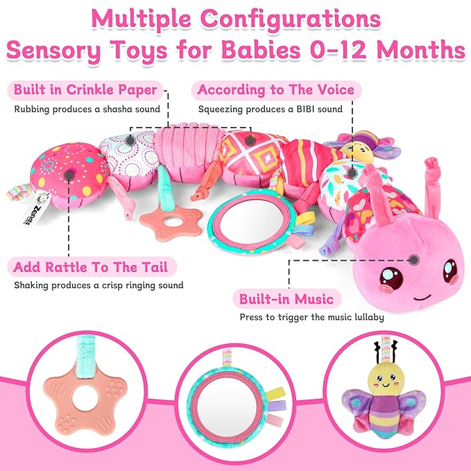 Baby Girls Toys 6-12 Months - Infant 6-in-1 Sensory Music Animal Stuffed Caterpillar Toy with Rattle & Mirror Crinkle for Tummy Time, Newborn 0 3 6 9 12 18 Shower Gifts Soothing Companion Toys, Pink