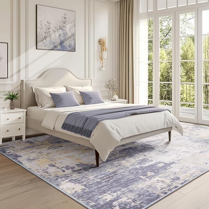 Washable Area Rugs 9'x12' Non-Slip Modern Abstract Soft for Living Room Entryway Bedroom Nursery, Print Pattern, Purple Grey Cream Yellow