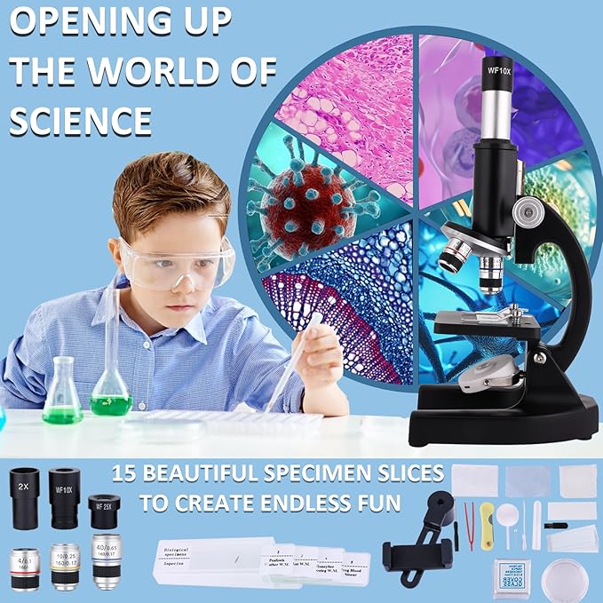Microscope for Kids 40X-2000X, Microscope for Children 8-12 Years Old with LED Fill Light, Slides and specimens Ideal for School Labs Homeschooling