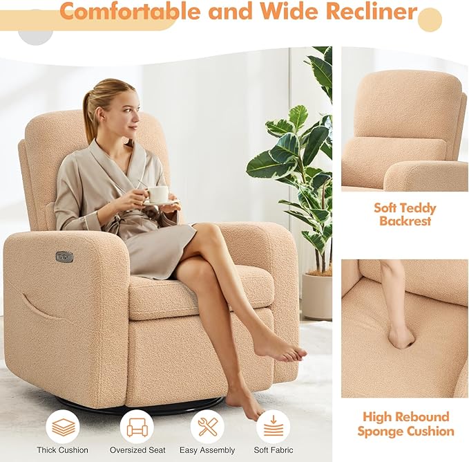 Swivel Rocker Recliner, Oversized Power Nursery Recliner Chair, Swivel Glider Reclienr with Removable Cushion, Upholstered Boucle Recling Chair for Nursery Living Room Bedroom, Teddy Camel