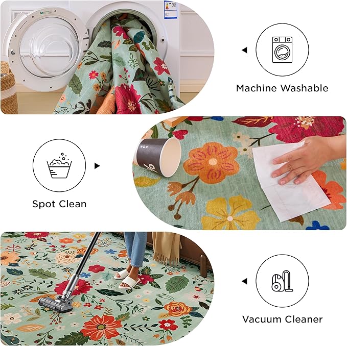 3x5 Area Rug, Floral Green Washable Rug for Entryway, Non Slip Flower Area Rugs, Soft Low Pile Indoor Doormat Small Carpet, Rugs for Living Room Bedroom Nursery Kitchen Dining Room, Sage Green