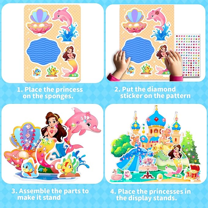 Stickers for Kids, Gem Stickers Kit, Travel Toys for Girls, 600+Sticker, DIY Scrapbooking Activity, 5 Princess Theme Diamond Art Kits for Kids Christmas Birthday Gifts for Girls Ages 3, 4, 5, 6, 7, 8