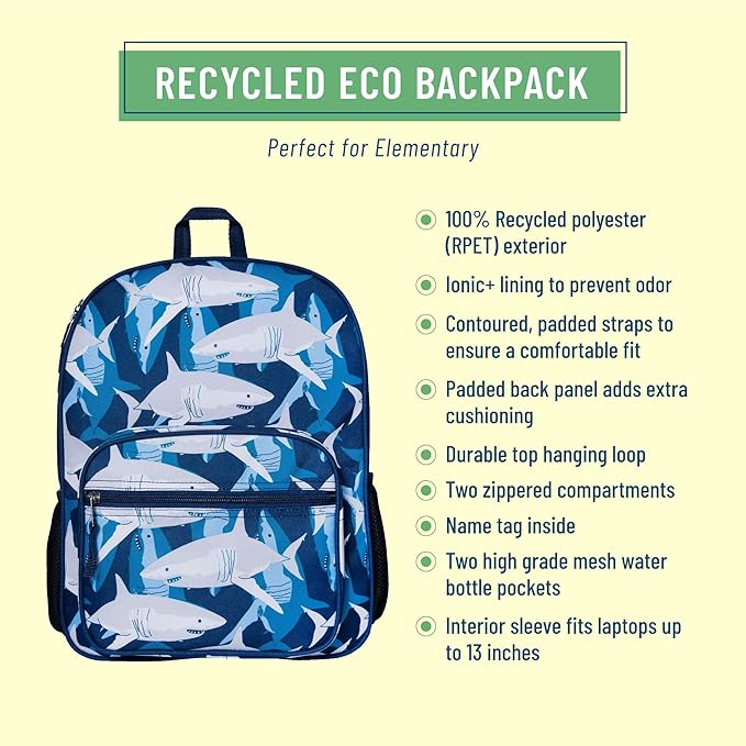 Wildkin ECO rPET Kids Backpack – Recycled, Padded, Adjustable for School & Travel – Sharks