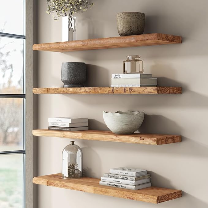 Rustic Elm Wood Floating Shelf for Wall, Live Edge 48"W x 9.2"D x 1.4"H, 1 Pack with Invisible Bracket, Large Wall Mounted Storage Shelf for Living Room Bedroom Kitchen Bathroom Decor, Natural Finish