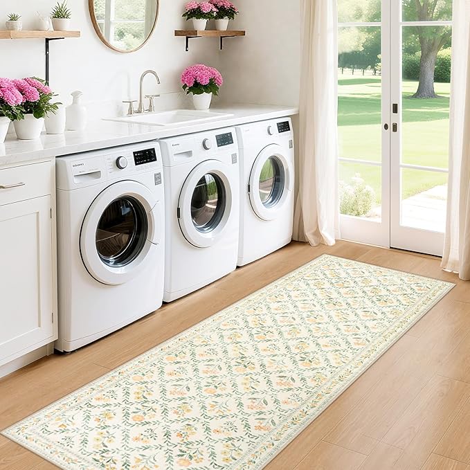 Runner Rug for Entryway: 2x10 Kitchen Rugs Non Slip Washable Ultra-Thin Soft Floral Carpet Indoor Floor Stain Resistant Carpets for Hallway Bedroom Kitchen Laundry Bathroom Dorm Beige/Multi