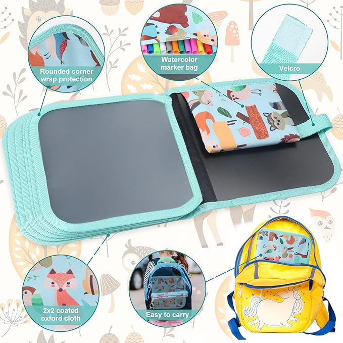 Erasable Doodle Set for Kids - Reusable Magic Drawing Book with 12 Watercolor Pens 14 Page Drawing, Road Trip Car Game Writing Painting Set for Boys and Girls (Foxes)