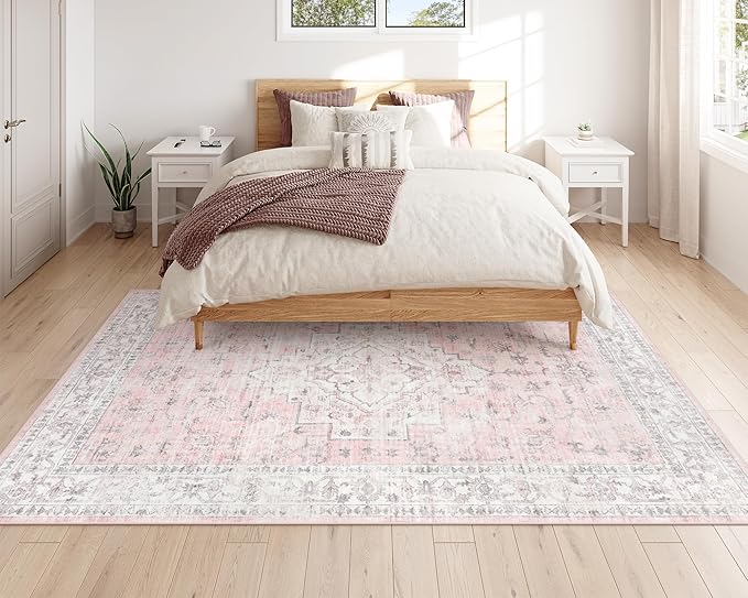 LIVEBOX Pink 5x7 Area Rug for Bedroom Girls, Boho Washable Rugs for Living Room Nursery, Non-Slip Indoor Soft Carpet Low-Pile Farmhouse Carpets for Dining Room Kids Playroom, Pink