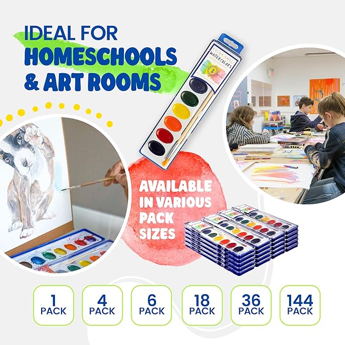 Color Swell Bulk Watercolor Paint 10 Pack with Wood Brushes 8 Washable Water Colors for Kids, Classrooms, Parties, All Ages
