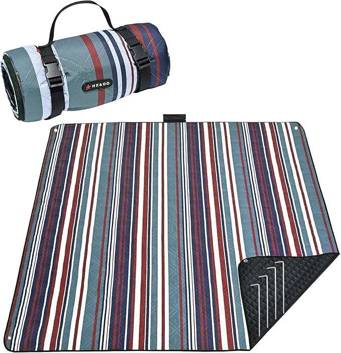 HX&OD Outdoor Picnic Blanket Extra Large, 80''*60'' Waterproof Picnic Mat with Stakes Foldable Camping Blanket Portable with Carry Strap for Beach Mat (Green& White, 80''*60'')