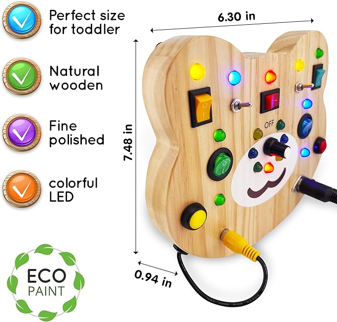 Toddler Montessori Busy Board - Wooden Educational Toy with Lights, Switches, and Buttons - Sensory Board - Preschool Motor Skills Learning Activities - Christmas & Birthday Gift