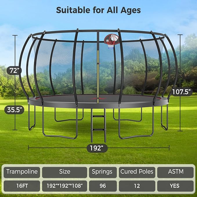 Tatub Large Trampolines Outdoor 10 12 14 15 16FT for Kids and Adults,Outdoor Recreational Pumpkin Trampolines with Curved Poles and Safety Enclosure Net, Basketball Hoop, Ladder
