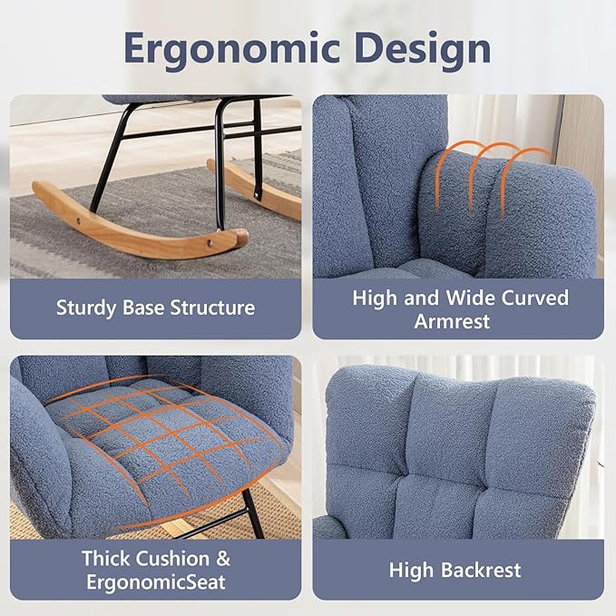 NIOIIKIT Nursery Rocking Chair Teddy Upholstered Glider Rocker Rocking Accent Chair Padded Seat with High Backrest Armchair Comfy Side Chair for Living Room Bedroom Offices (Light Blue)