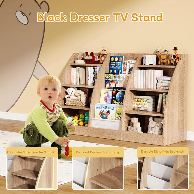 4 Tier Kids Bookshelf, 4 Layer Sling Kids Book Shelf for Kids Rooms, XXL Wood Children Bookcase,Baby Storage Book Rack,Toddler Bookshelf, Book and Toy Organizer,Book Display Shelf Burlywood