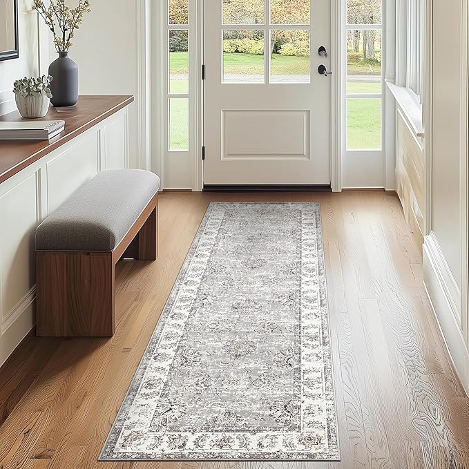 jinchan Runner Rug 2x7 Machine Washable Hallway Rug Grey Vintage Floral Print Non-Slip Low Pile Ultra-Thin for Kitchen,Entryway,Laundry Room,Bedroom,Farmhouse (2‘x7’,Grey)