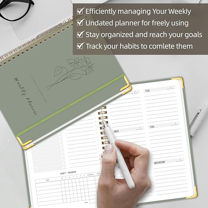 Undated Weekly Planner, Weekly To Do List Notebook with Goal & Habit Tracker Organizer, A5 5.8" x 8.0" Weekly Planner Notebook with Spiral Binding for Men or Women