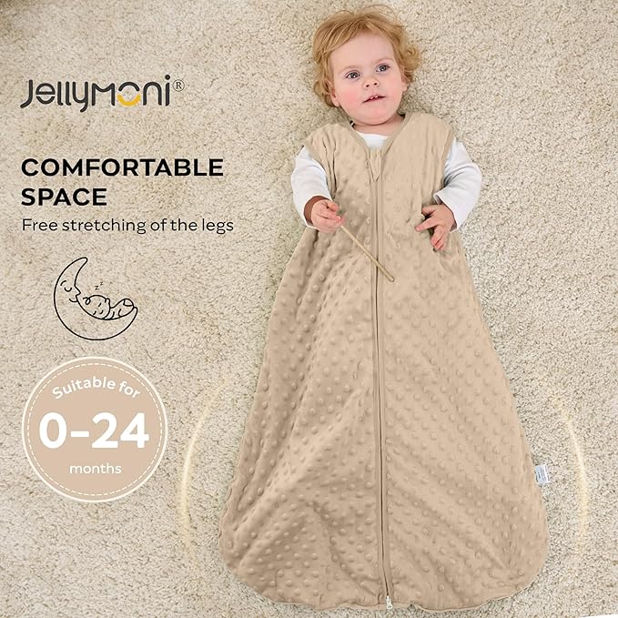 JELLYMONI Fleece Baby Sleep Sack 6-12 Months, 1.5 Tog Warm Winter Baby Wearable Blanket with Plush Dots and 2-Way Zipper, Cotton Toddler Sleep Sack