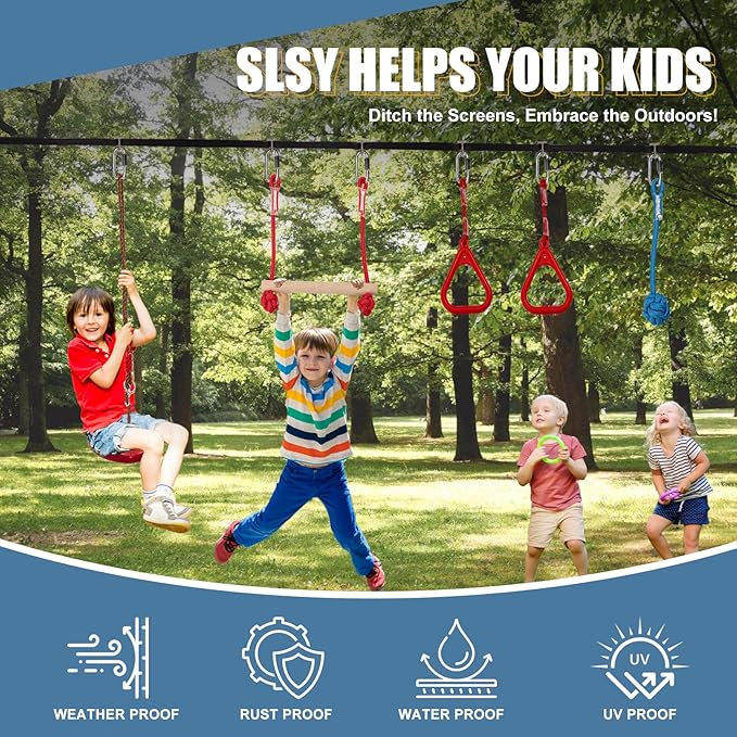 Slsy Ninja Warrior Obstacle Course for Kids, 50FT Durable Ninja Slackline Kit with 8 Accessories, Playset Equipment for Boys & Girls with Swing, Climbing Net, Ladder & Monkey Bars