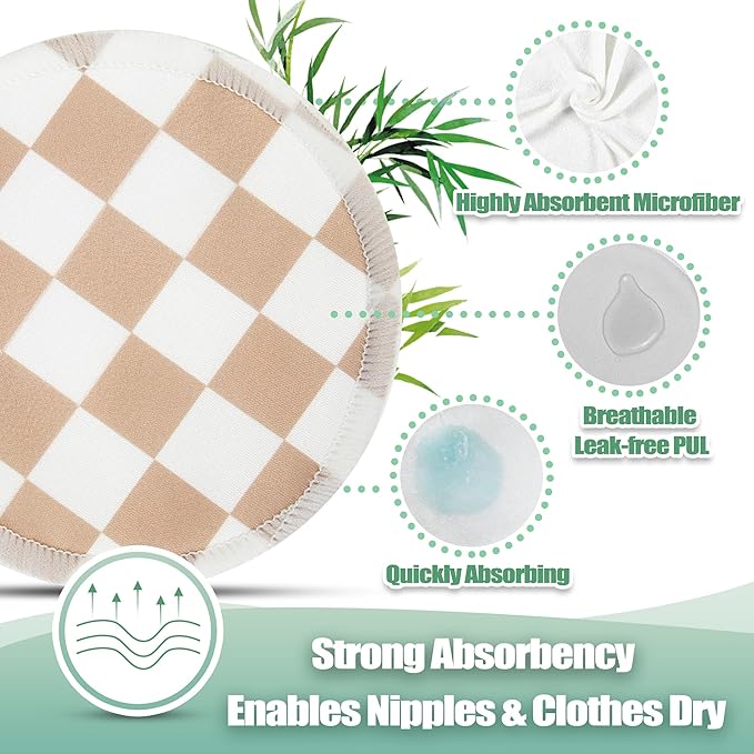 wegreeco Nursing Breast Pads (14 Pack) + Laundry Bag & Travel Storage Bag, 4.7 inch Option - Washable & Reusable Breastfeeding Nursing Pads (Light Coffee Checkerboard, Large, Plain Shape)