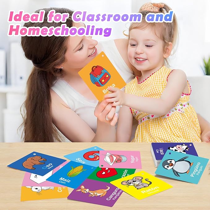 Toddler Spanish Learning Flash Cards, 60 PCS Double Sides Bilingual Flashcards for Numbers, Colors, Shapes, Sight Words, Learn Spanish for Kids, Preschool Kindergarten Learning Activities