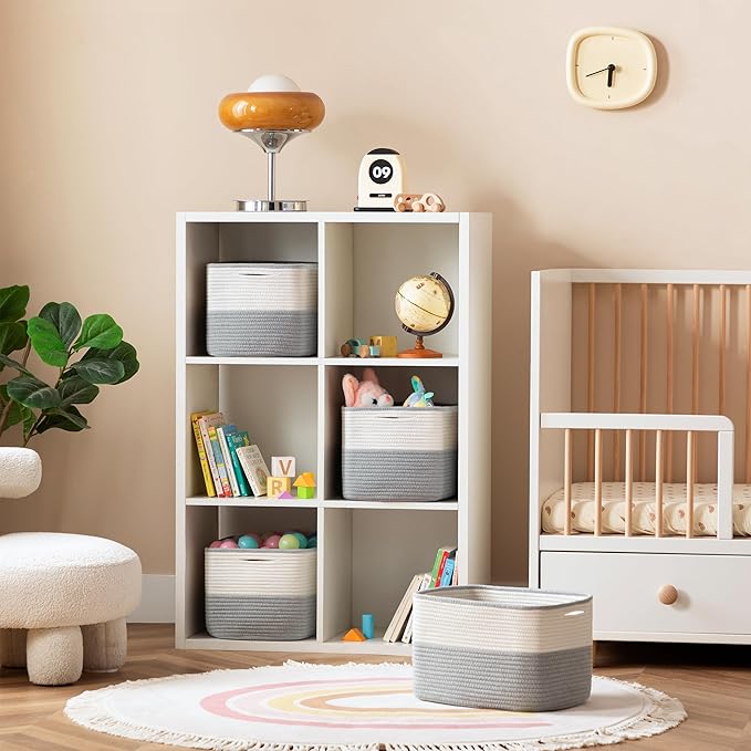 UBBCARE 4 Pack Baskets for rganizing, Woven Storage Baskets for Toys and Towel, Rectangle Cotton Rope Basket with Handles, 15''L x10''W x9''H, Grey