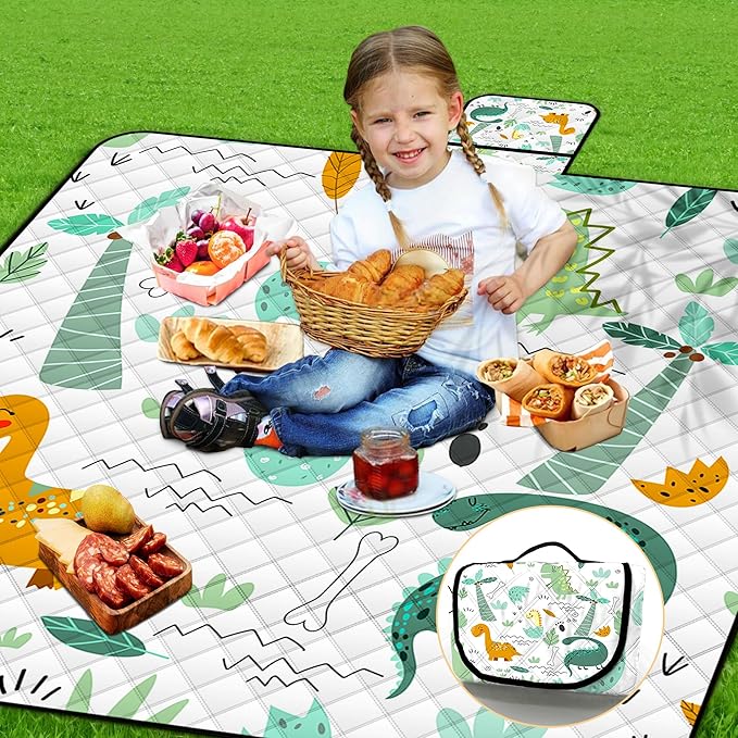 Extra Large Picnic Blanket Waterproof,80"x 80"Foldable Machine Washable Beach Blanket,Outdoor Blanket for 6-8 Adults,Suitable for Indoor Crawling,Park Beach,Camping,Hiking,Family Travel(Dinosaur)