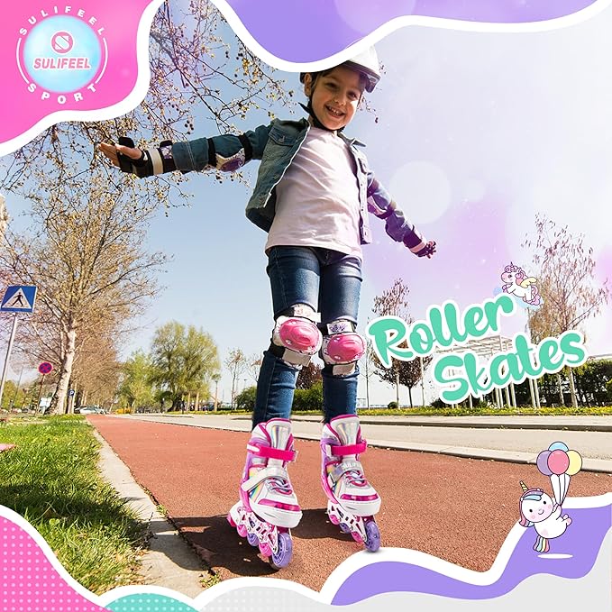 SULIFEEL Rainbow Unicorn Inline Skates for Girls Boys 4 Size Adjustable Light up Wheels Skates for Kids Beginner