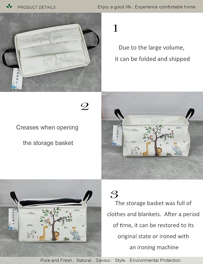 Rectangular Folding Laundry Basket,waterproof Canvas Basket,gift basket,Suitable for children's room,Office,Clothes,Toys Storage(Tree Animals)