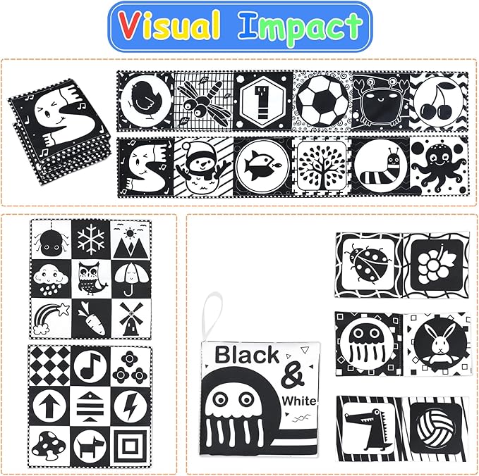 KUANGO Newborn Toys Black and White Baby Toys 0-3 Months High Contrast Baby Toys for Newborn - High Contrast Baby Soft Book Infant Tummy Time Toys Crinkle Sensory Toys for Brain Development