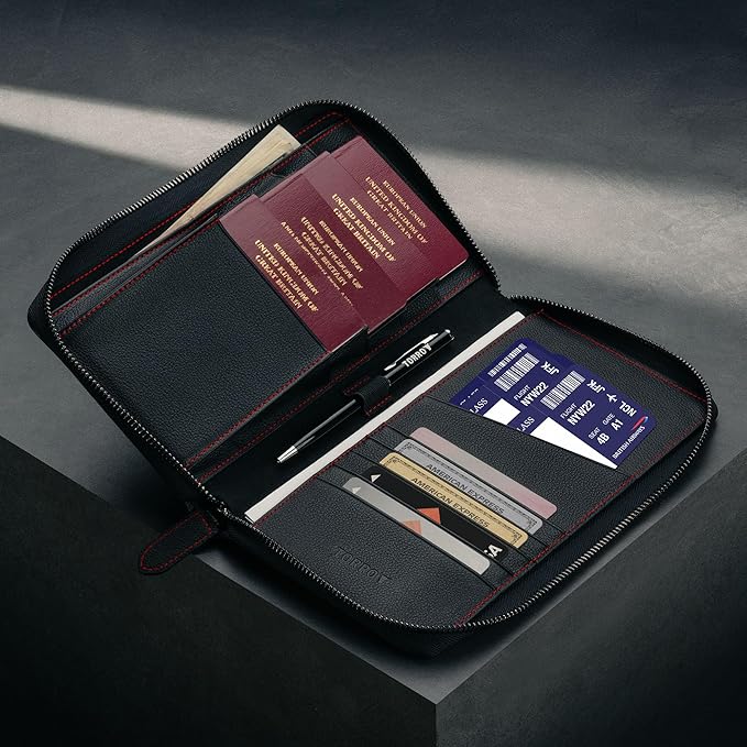 TORRO Premium Leather Family Travel Wallet, RFID Blocking Travel Organizer, Family Passport Holder for 4 Passports, Travel Documents and Cards (Black)