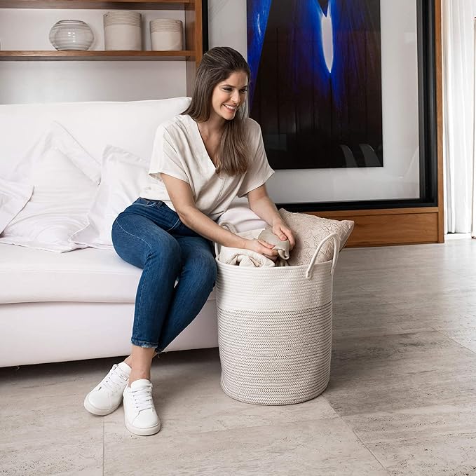 OrganiHaus White Baby Hamper Basket 15x18 | Toy Basket Storage for Kids | Large Woven Baskets for Storage | Round Laundry Basket | Blanket Holder for Bedroom | Boho Blanket Basket for Living Room