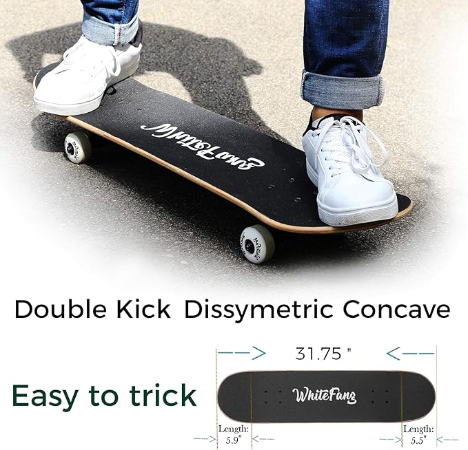 WhiteFang Skateboards for Beginners, Complete Skateboard 31 x 7.88, 7 Layer Canadian Maple Double Kick Concave Standard and Tricks Skateboards for Kids and Beginners