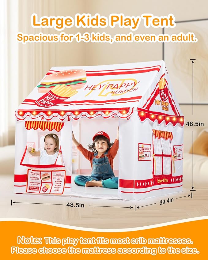 Kids Play Tent, Toddler Tent for Kid Indoor & Outdoor, 48.5"x39.4"x48.5" Playhouse Tent Burger Theme with Complete Toys Set, 3 Window, Lights and Balloons