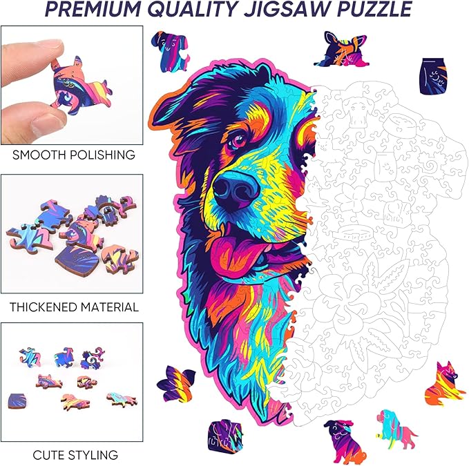Australian Shepherd Dogs Wooden Puzzle 500pcs Stained Colorful Art Painting Wooden Puzzle for Kids Adults, Birthday Mother's Father's Day Christmas for Dad Mom Son Daughter(14.9 * 17.1in)