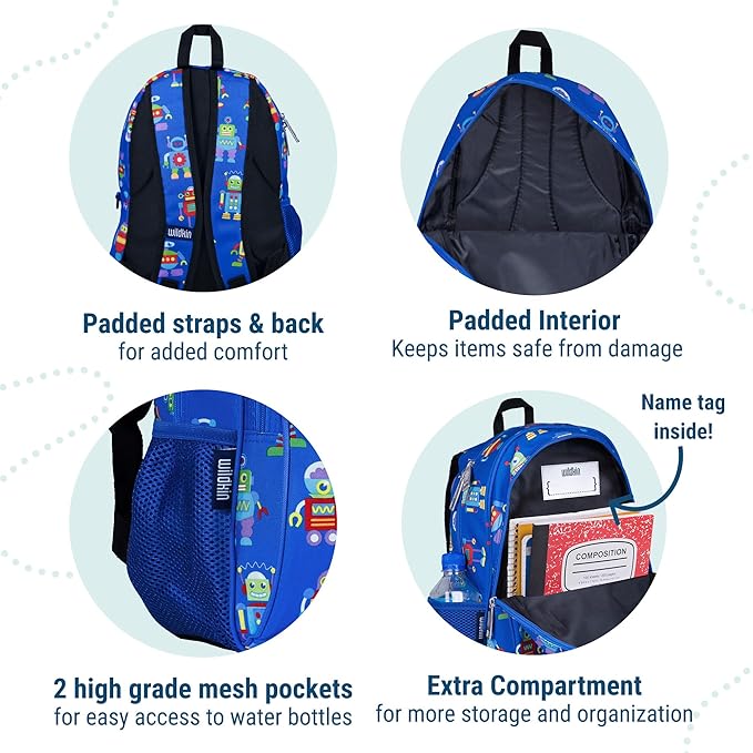 Wildkin 15-inch Kids Backpack – Durable, Padded, Adjustable for School & Travel - Robots